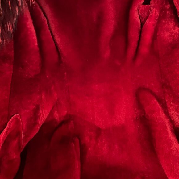 Genuine Sheepskin Fur Red Penny Lane Coat With Fox Fur Collar - Picture 8 of 11